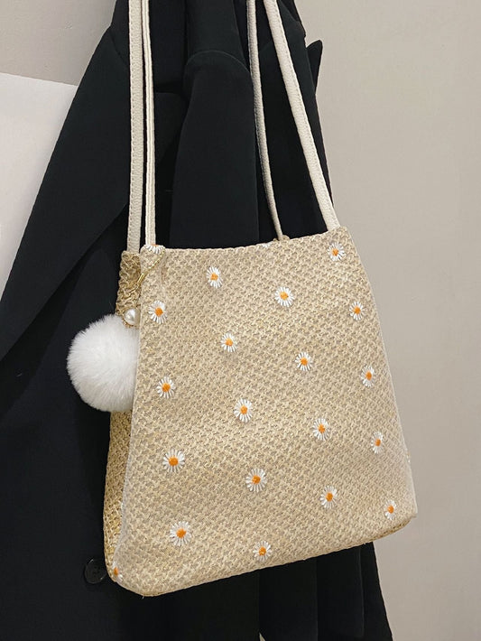 binfenxie - Daisy Pattern Straw Bag with Bag Charm  - Women Tote Bags