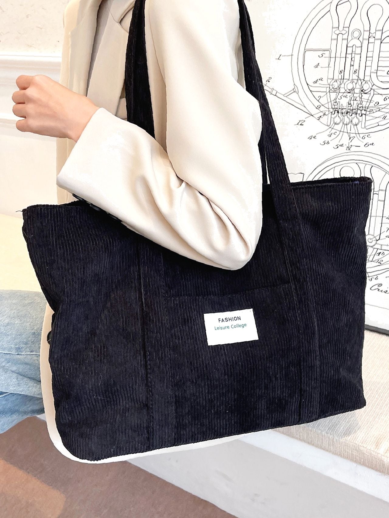 binfenxie - Letter Patch Corduroy Tote Bag  - Women Tote Bags