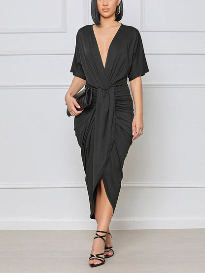 V Neck Ruched Wrap Slit Dress