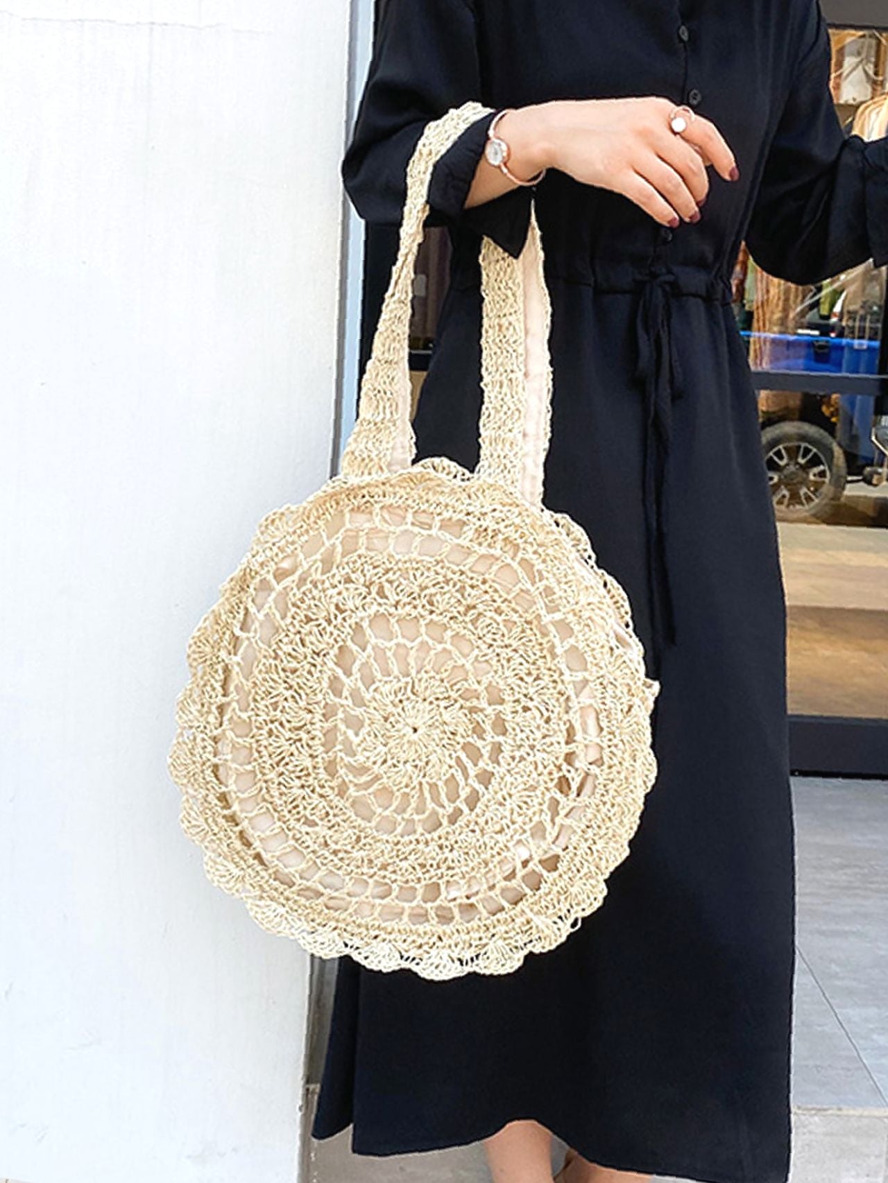 binfenxie - Circle Design Hollow Out Straw Bag  - Women Tote Bags