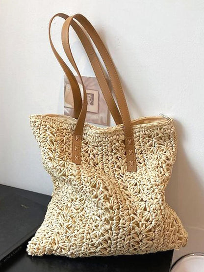 binfenxie - Minimalist Braided Detail Straw Bag  - Women Tote Bags