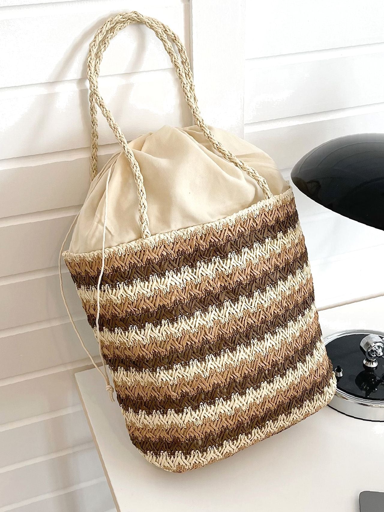 binfenxie - Colorblock Drawstring Decor Straw Bag  - Women Tote Bags