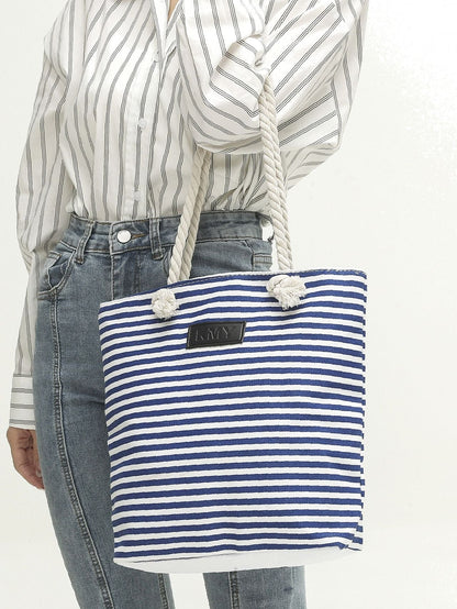 binfenxie - Striped Pattern Patch Decor Shoulder Tote Bag  - Women Tote Bags