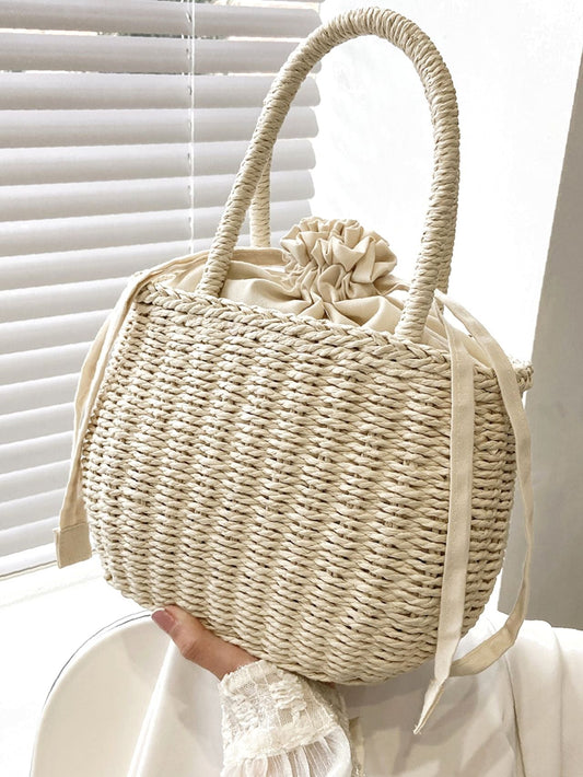 binfenxie - Drawstring Design Straw Bag  - Women Tote Bags