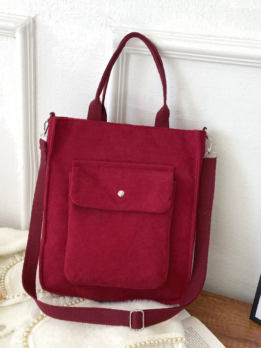 binfenxie - Pocket Front Corduroy Tote Bag  - Women Tote Bags