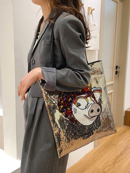 binfenxie - Sequin Decor Cartoon Pig Pattern Shoulder Tote Bag  - Women Tote Bags