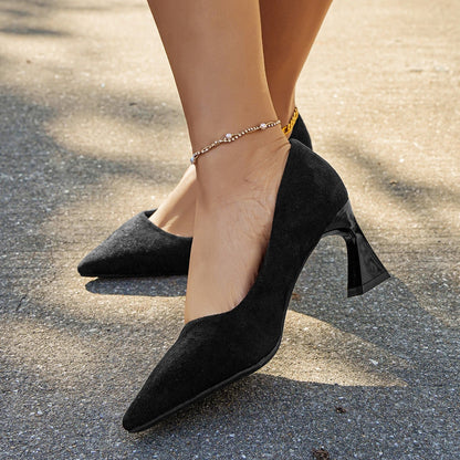 Women Black Pointed Toe Chunky Heels Slip on Dress Pumps