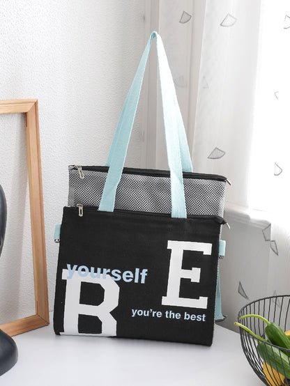 binfenxie - Slogan Graphic Mesh Panel Shoulder Tote Bag  - Women Tote Bags