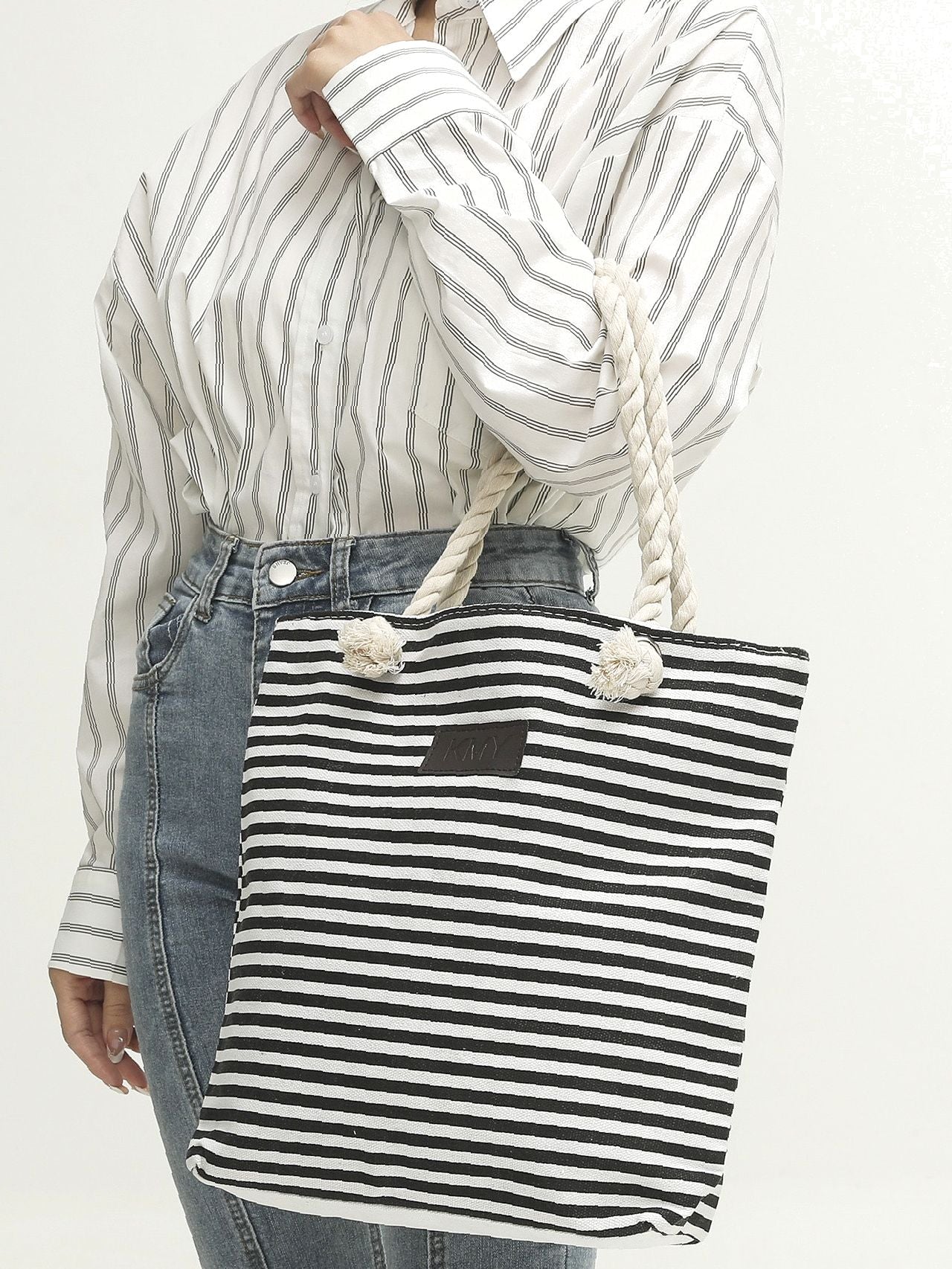 binfenxie - Striped Pattern Patch Decor Shoulder Tote Bag  - Women Tote Bags