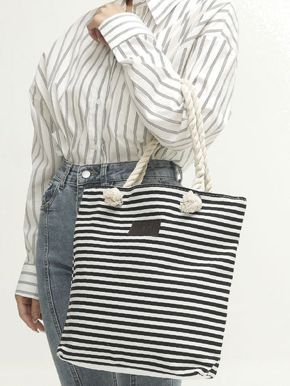 binfenxie - Striped Pattern Patch Decor Shoulder Tote Bag  - Women Tote Bags