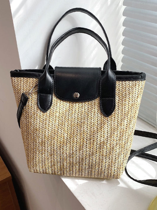 binfenxie - Contrast Binding Snap Button Straw Bag  - Women Tote Bags