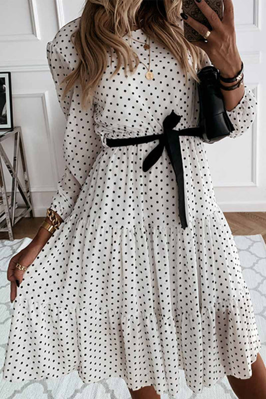 binfenxie - Elegant White Black Dot Print Round Neck Tie Midi Dress