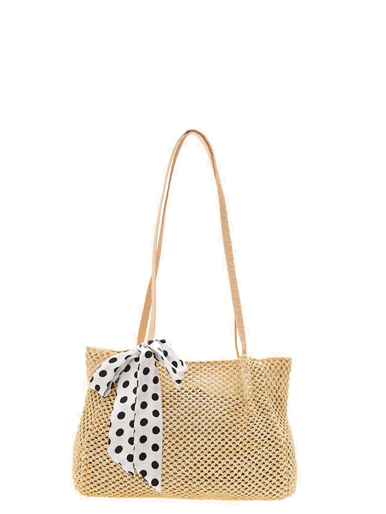 binfenxie - Polka Dot Bow Decor Straw Bag  - Women Tote Bags