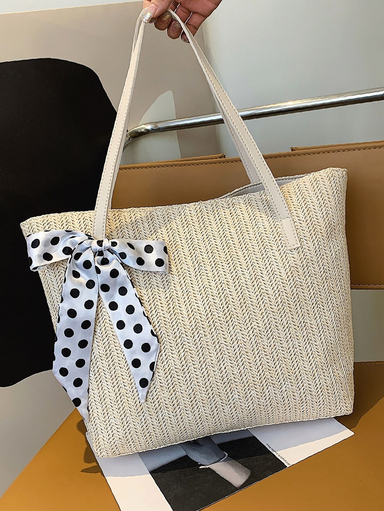 binfenxie - Polka Dot Bow Decor Straw Bag  - Women Tote Bags