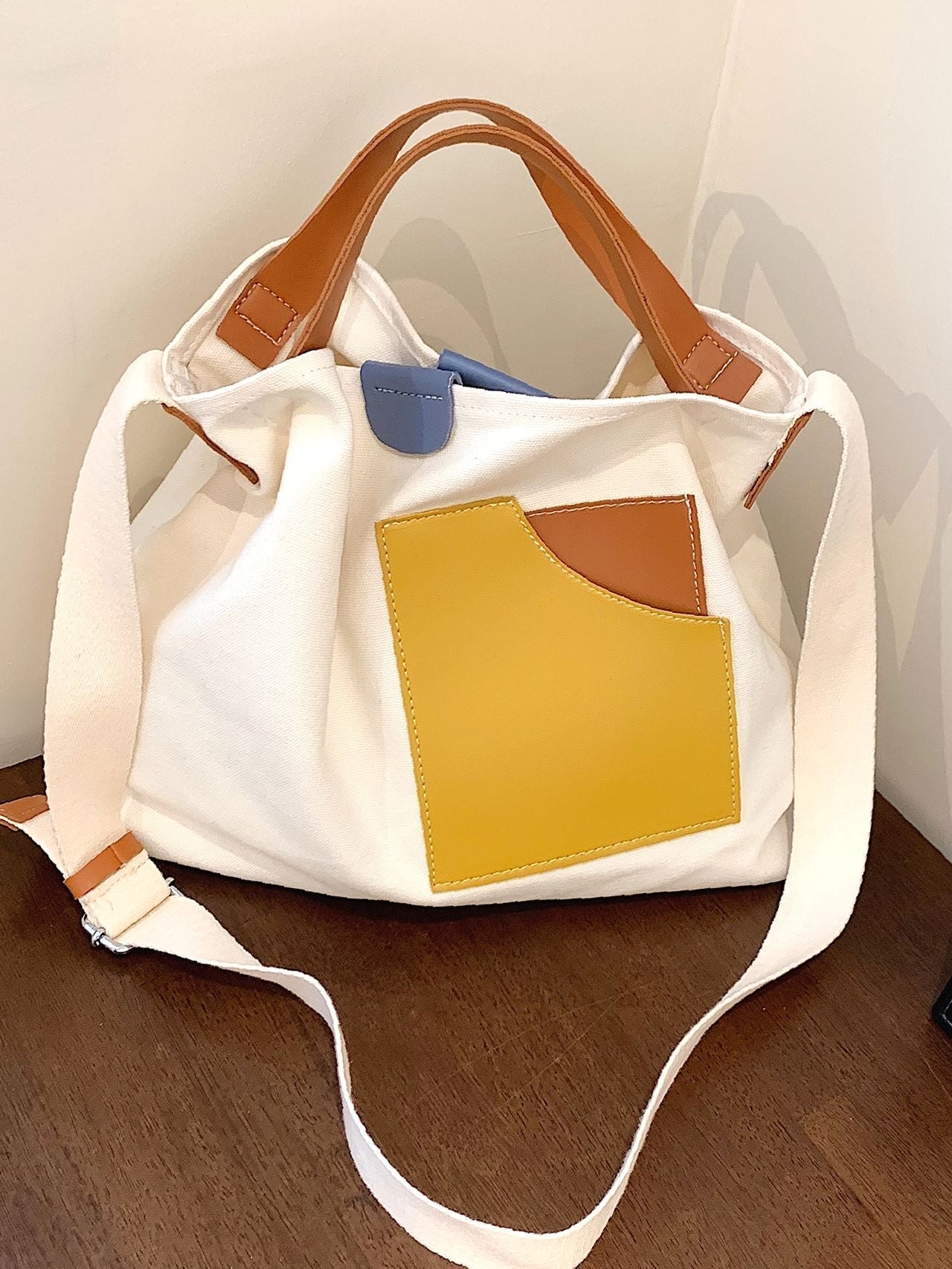 binfenxie - Colorblock Canvas Top Handle Tote Bag  - Women Tote Bags