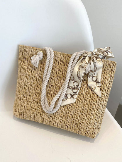 binfenxie - Twilly Scarf Decor Straw Bag  - Women Tote Bags