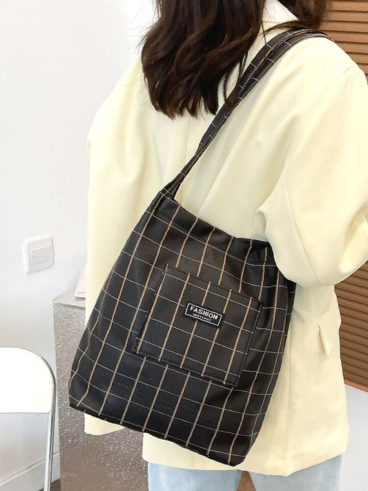 binfenxie - Plaid Pattern Letter Patch Decor Shopper Bag  - Women Tote Bags