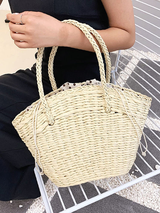 binfenxie - Polka Dot Drawstring Detail Straw Bag  - Women Tote Bags