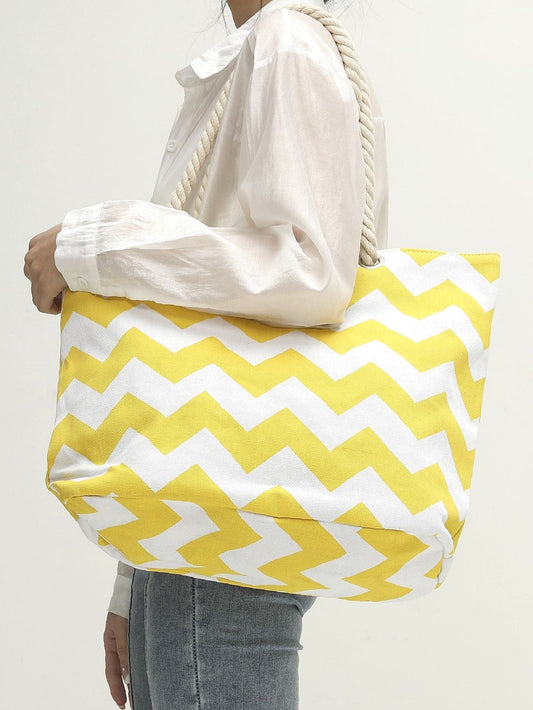 binfenxie - Chevron Graphic Canvas Shoulder Tote Bag  - Women Tote Bags