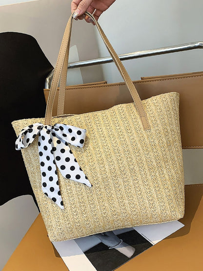 binfenxie - Polka Dot Bow Decor Straw Bag  - Women Tote Bags