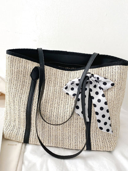 binfenxie - Twilly Scarf Decor Straw Bag  - Women Tote Bags