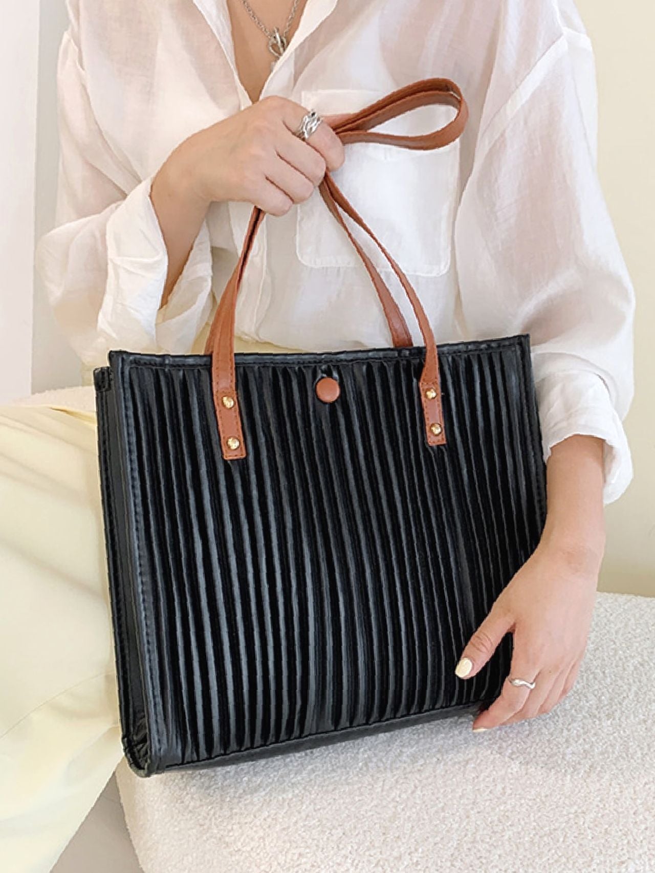 binfenxie - Vertical Striped Shoulder Tote Bag  - Women Tote Bags