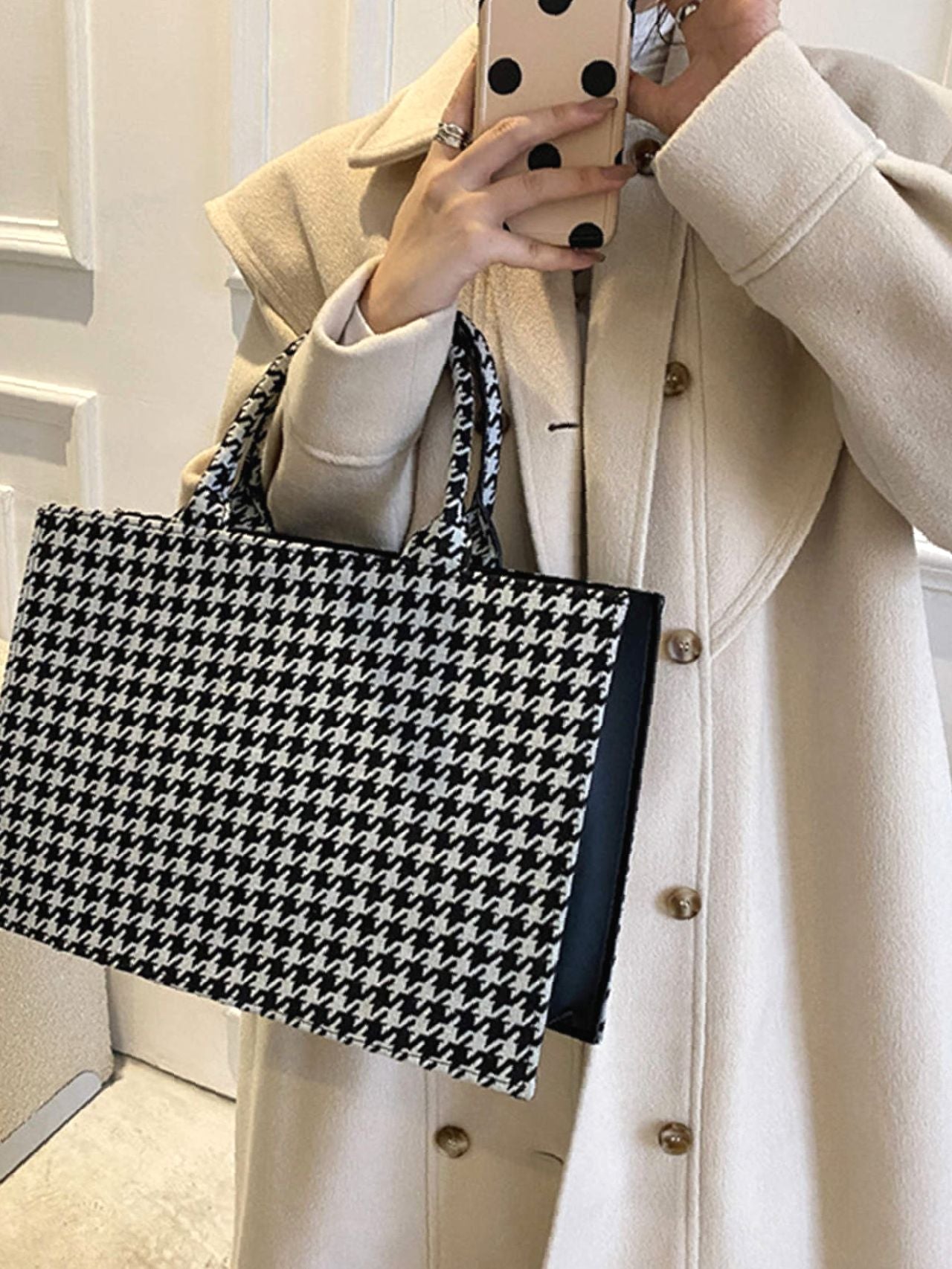 binfenxie - Allover Houndstooth Top Handle Bag  - Women Tote Bags