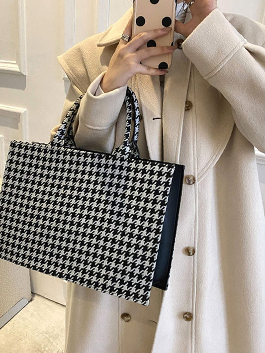 binfenxie - Allover Houndstooth Top Handle Bag  - Women Tote Bags