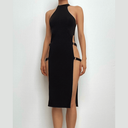 Buckle Sleeveless Solid Slit Halter Mini Dress