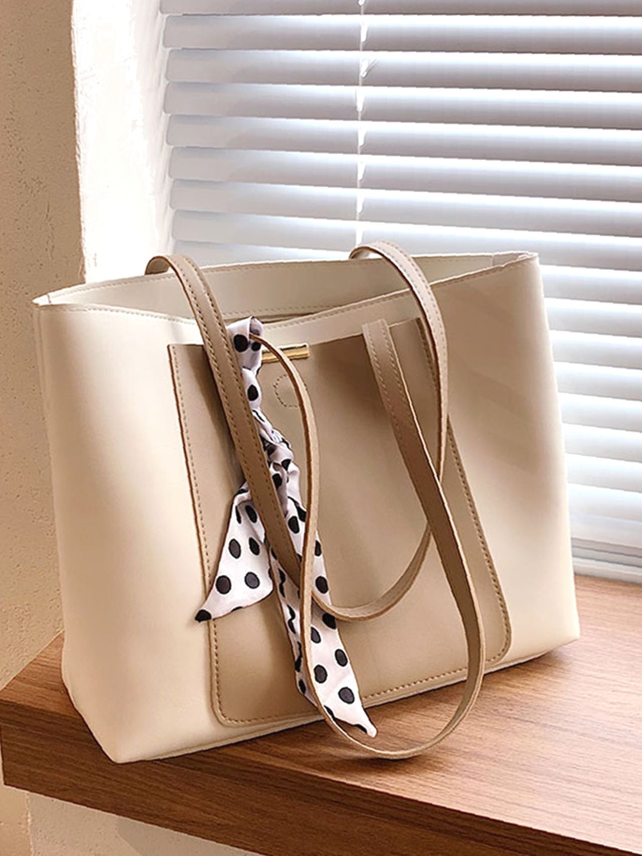 binfenxie - Two Tone Scarf Decor Shoulder Tote Bag  - Women Tote Bags