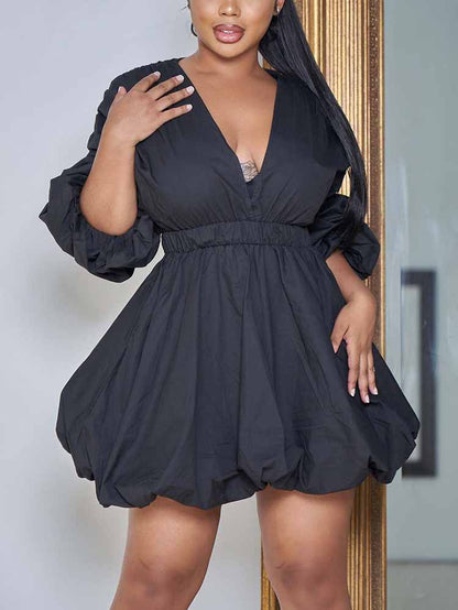 V Neck Puff Sleeve Mini Dress