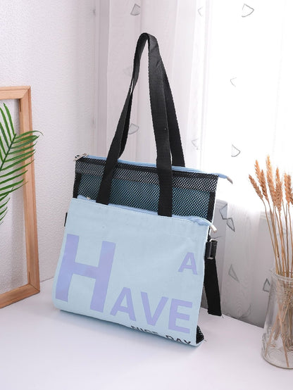 binfenxie - Slogan Graphic Mesh Panel Shoulder Tote Bag  - Women Tote Bags