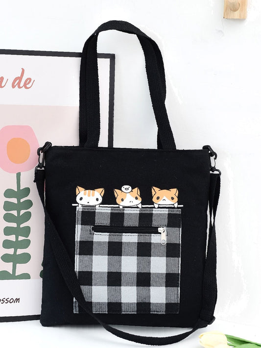 binfenxie - Cartoon & Plaid Pattern Tote Bag  - Women Tote Bags