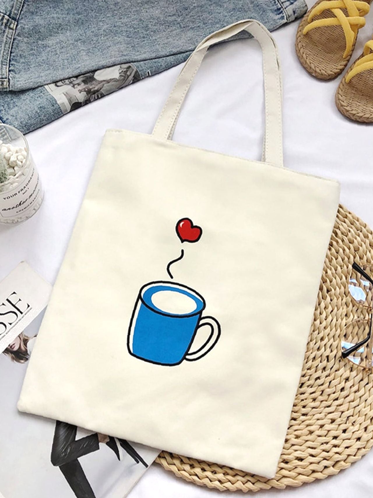 binfenxie - Heart & Cup Print Shopper Bag  - Women Tote Bags