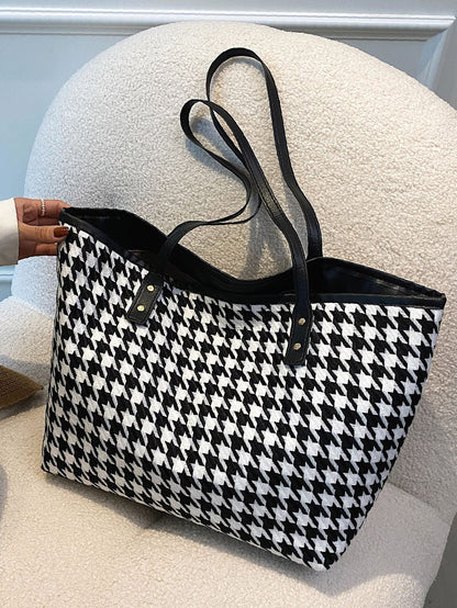 binfenxie - Houndstooth Pattern Shoulder Tote Bag  - Women Tote Bags