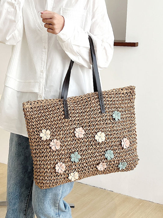 binfenxie - Floral Decor Straw Bag  - Women Tote Bags