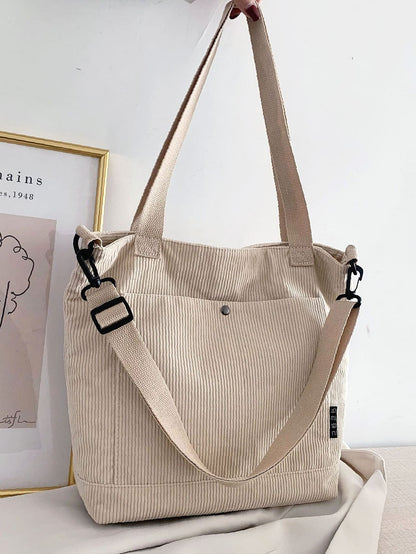 binfenxie - Pocket Front Corduroy Shoulder Tote Bag  - Women Tote Bags