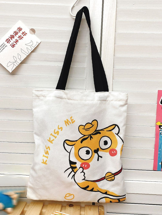 binfenxie - Tiger & Letter Graphic Canvas Shopper Bag  - Women Tote Bags