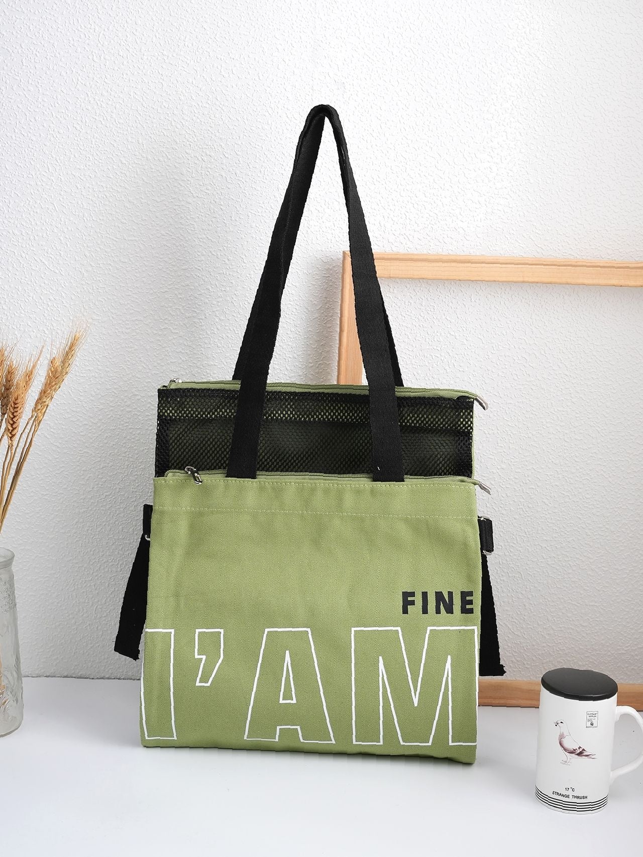 binfenxie - Slogan Graphic Mesh Panel Shoulder Tote Bag  - Women Tote Bags