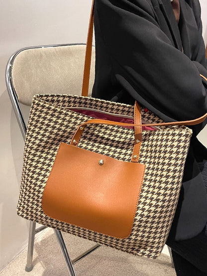 binfenxie - Houndstooth Pattern Studded Detail Shoulder Tote Bag  - Women Tote Bags