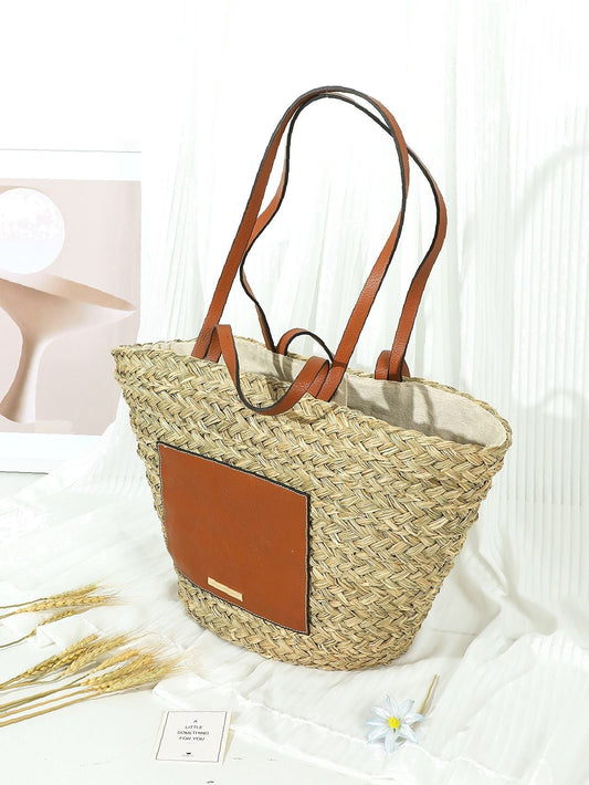 binfenxie - PU Patch Large Capacity Straw Bag  - Women Tote Bags