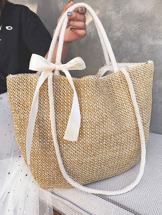 binfenxie - Minimalist Bow Decor Straw Bag  - Women Tote Bags