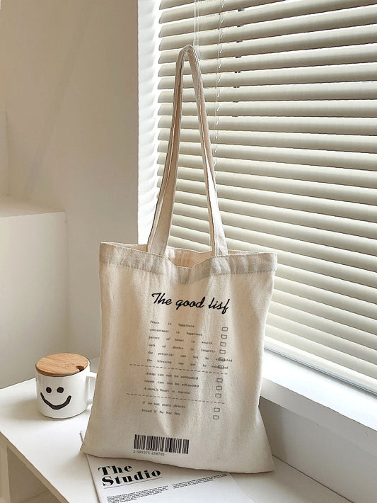 binfenxie - Letter Graphic Canvas Shopper Bag  - Women Tote Bags