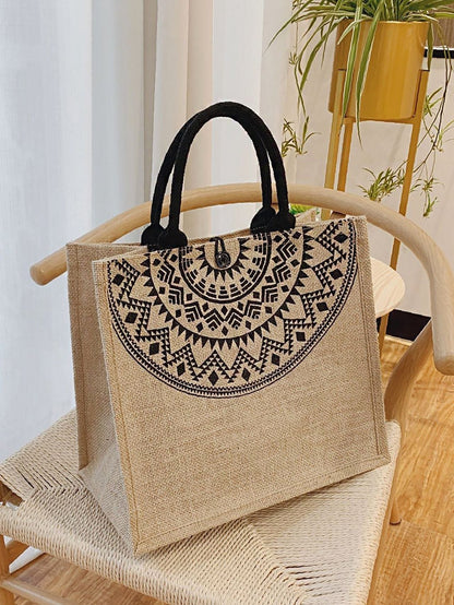 binfenxie - Geometric Print Linen Satchel Bag  - Women Tote Bags