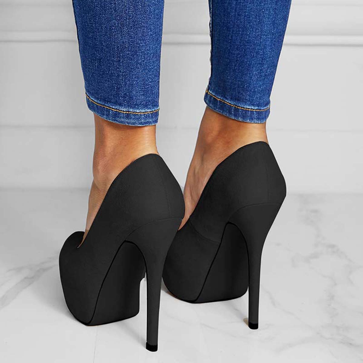 Suede Round Toe Platform Stilettos Slip on High Heel Pumps