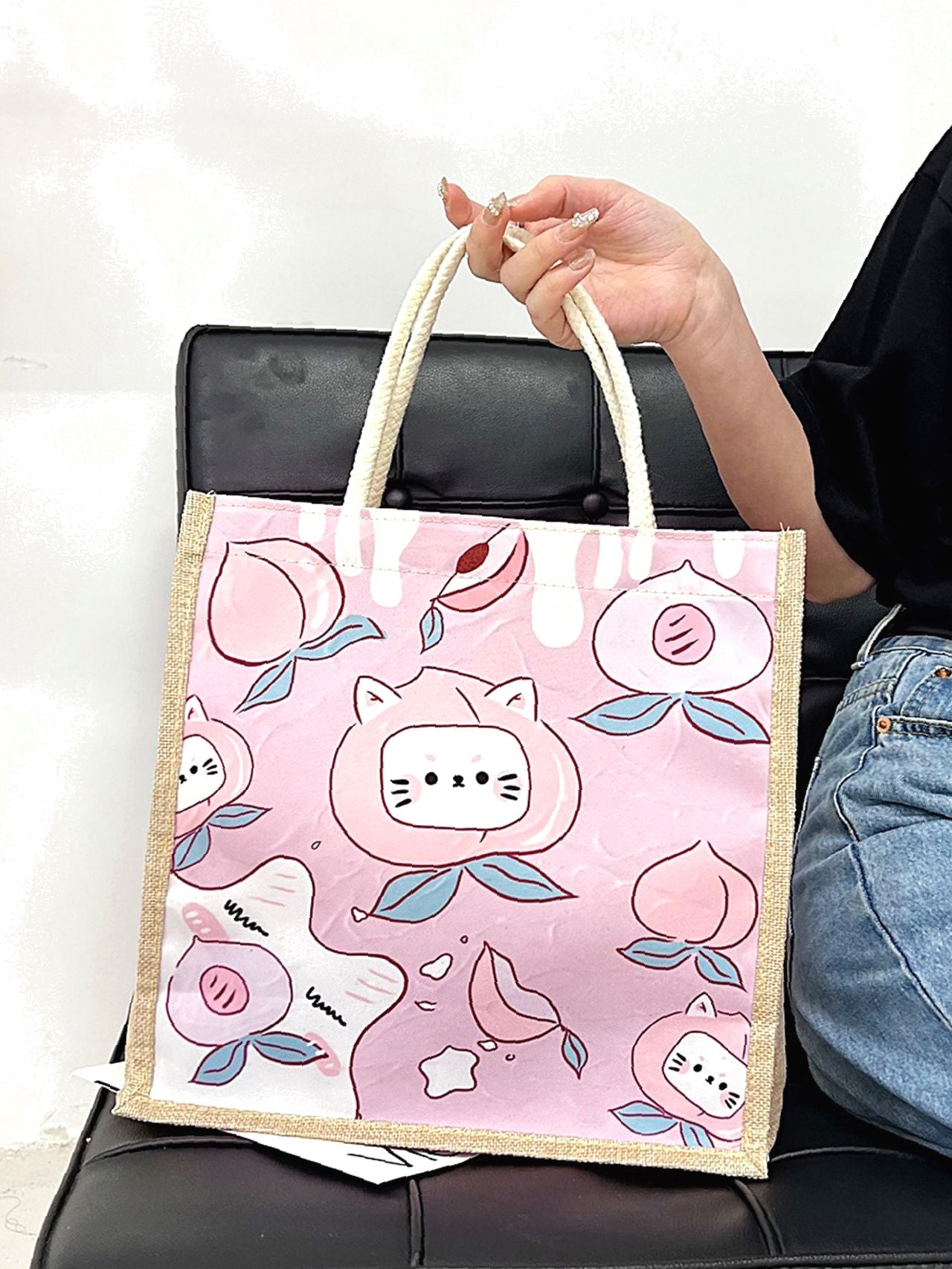 binfenxie - Cartoon & Peach Graphic Shopper Bag  - Women Tote Bags