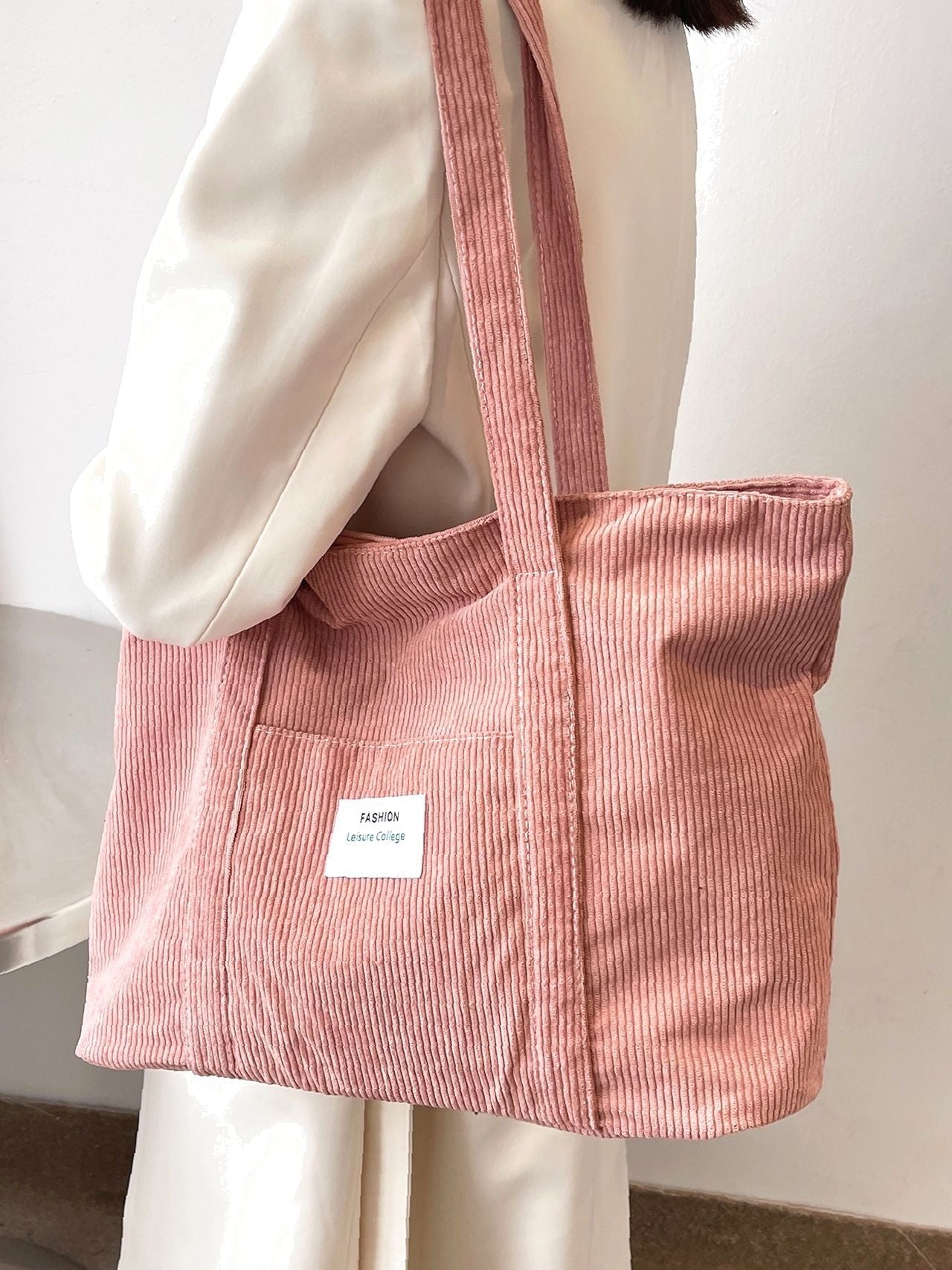 binfenxie - Letter Patch Corduroy Tote Bag  - Women Tote Bags