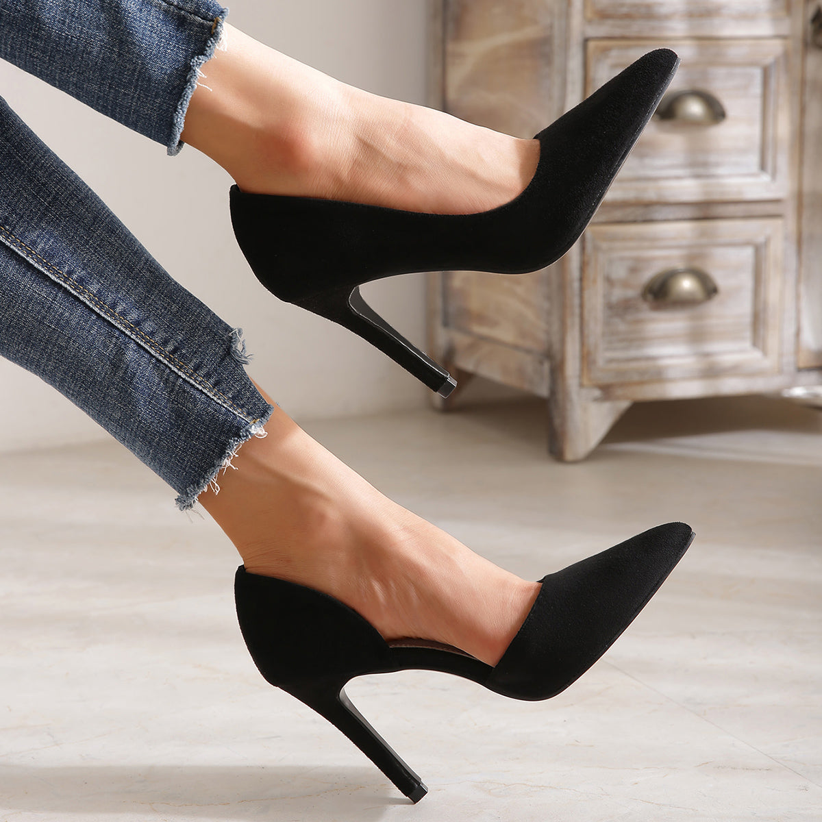 Women Black Suede Pointed Toe High Heels Cut Out Stiletto High Heel Pumps