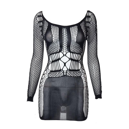 Fishnet Long Sleeve Hollow Out See Through Cut Out Mini Dress