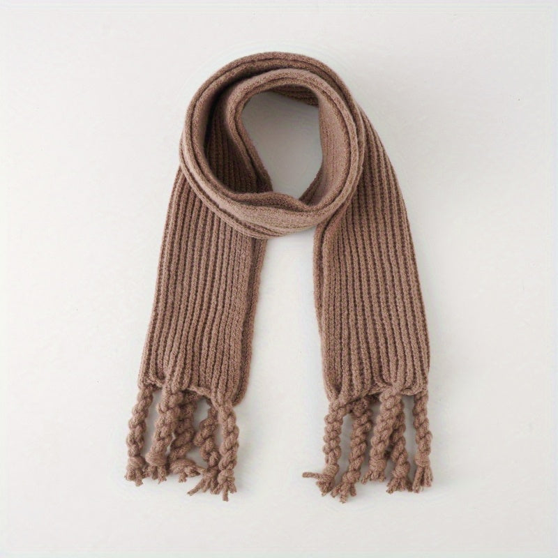 1pc Children's Winter Knitted Warm Tassel Plain Color Color Scarf With Cloth Label